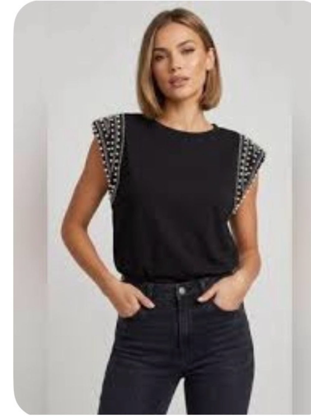 Womens Black Pearl-Embellished Top shoulder pads sewn in ptp24 length 24